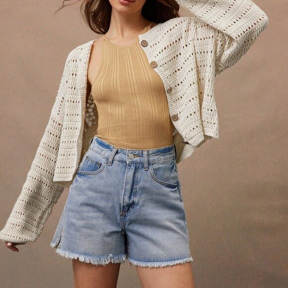 Apricot Casual Women's Crochet Open Knit Button Front Crewneck Cardigan Sweater - Picture 4 of 5